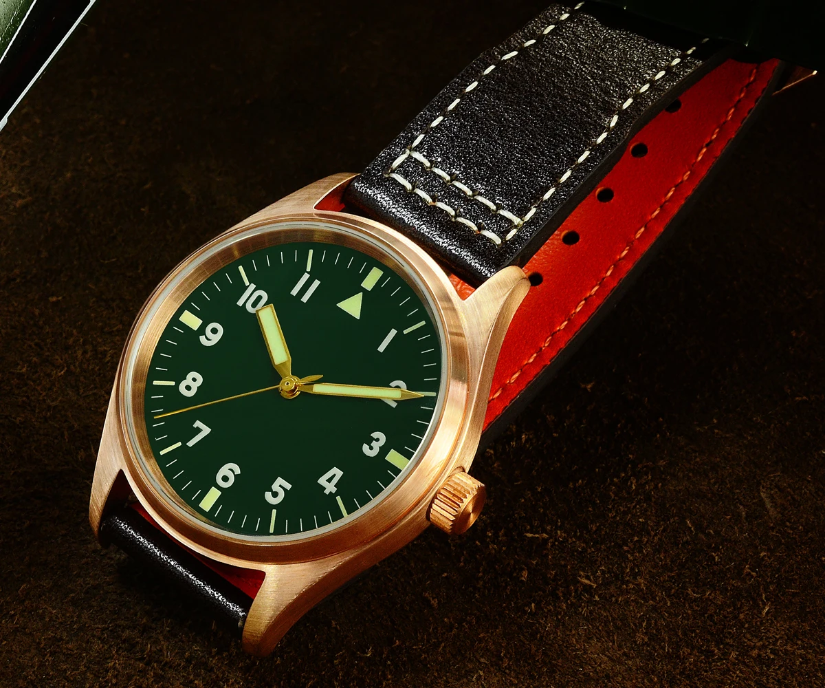 Lugyou механические часы пилота бронзовые винтажные военные армейские зеленые Супер Светящиеся NH35 кожа или нейлон Супер Светящиеся 39 мм