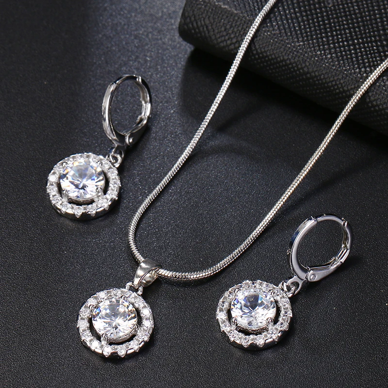 

LXOEN 2019 New Fashion Round Blue Crystal Jewelry Sets With AAA Zircon Hoop Earrings and Necklace Wedding Set for Women