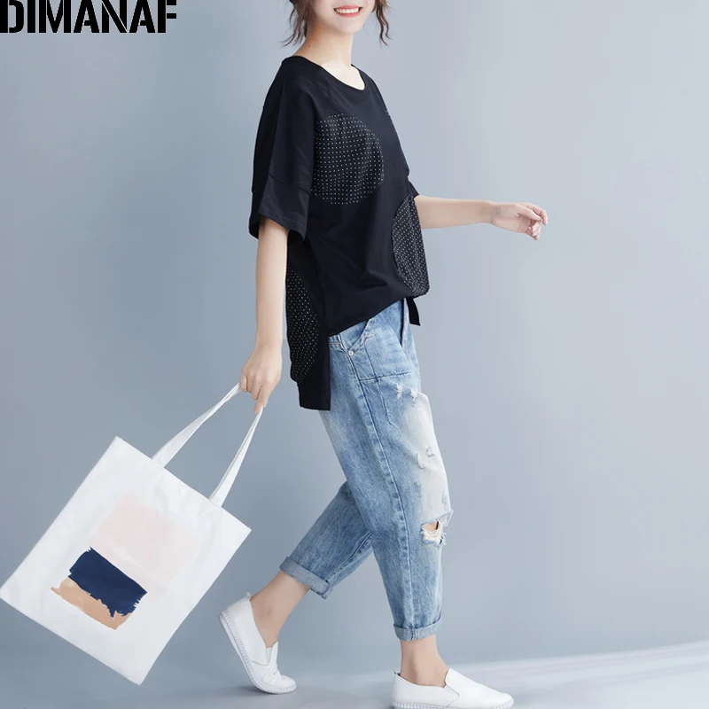 Женская футболка в горошек DIMANAF Повседневная Свободная хлопковая Туника черного