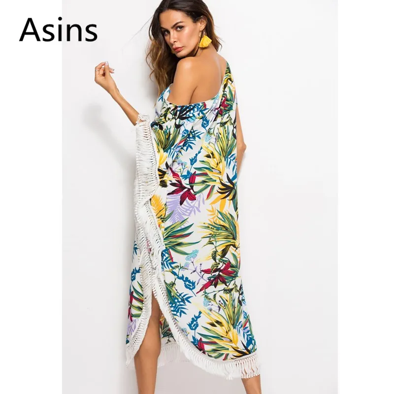 

Asins dress woman 2019 summer new hot casual fashion slash neck high waist printing wild tassel loose irregular sexy dress