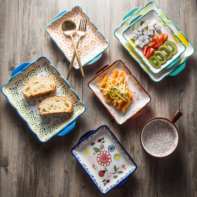 

European-style Steak Plate Ceramic Creative Hand - painted Dishes Set Suit Food Container Dinner Plates Rectangular Flat Plate