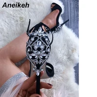 aneikeh rhinestone stiletto lady sexy crystal thin heels sandal woman ankle strap wedding dress shoes pumps size 35 42 black