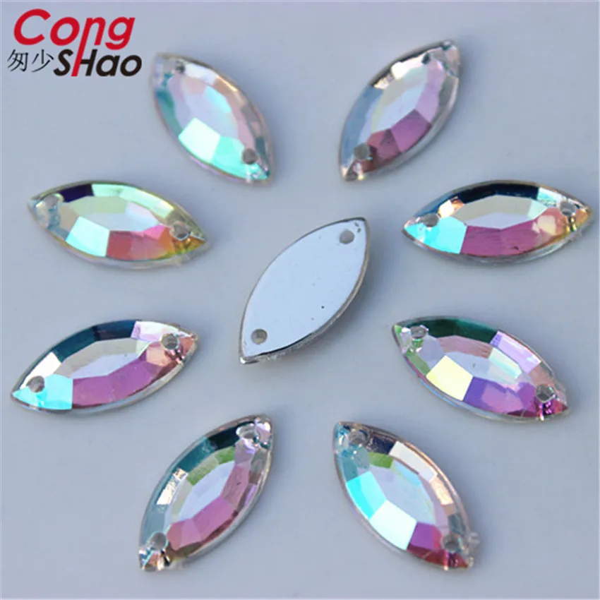 Cong Shao 100 шт. 6*12/7*15 мм Блестящий Кристалл маркиза AB Цвет Серебряная основа пришить