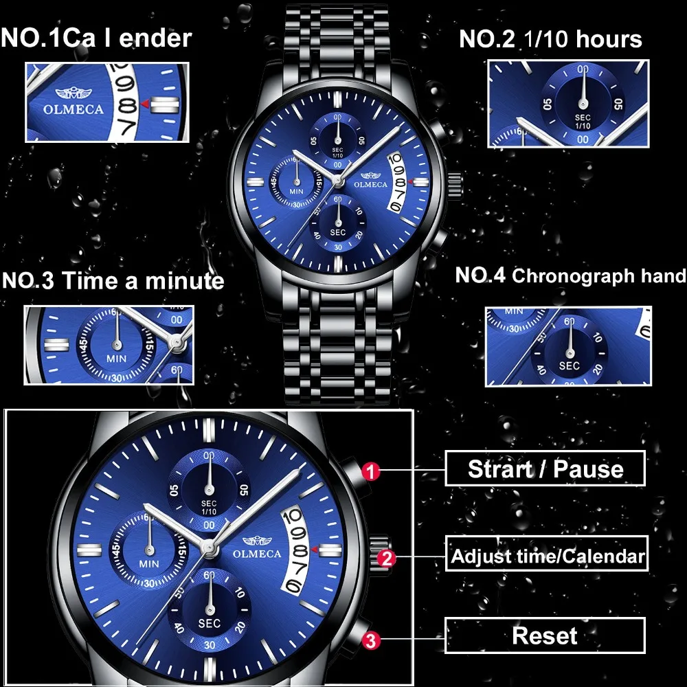 Men Watches OLMECA Brand Watch Military Relogio Masculino Chronograph Wrist Female Clock Black Stainless Steel Blue Dial | Наручные часы