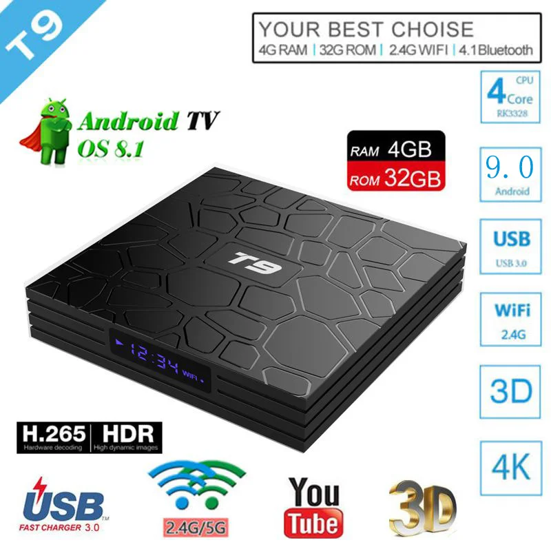 T9 ТВ приставка Android 9 0 4 Гб Оперативная память 32 gb Встроенная RK3328 1080 p H.265 Smart k Bluetooth