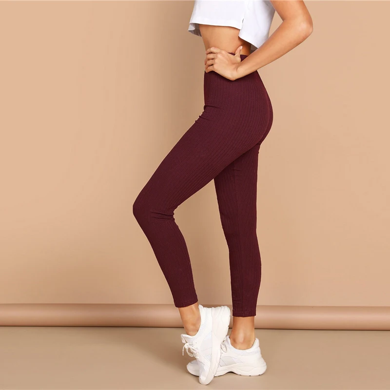 SHEIN/Женские однотонные повседневные леггинсы с высокой талией в рубчик, женские весенне-Осенние эластичные леггинсы для фитнеса, средней талии, обтягивающие базовые кроп-леггинсы