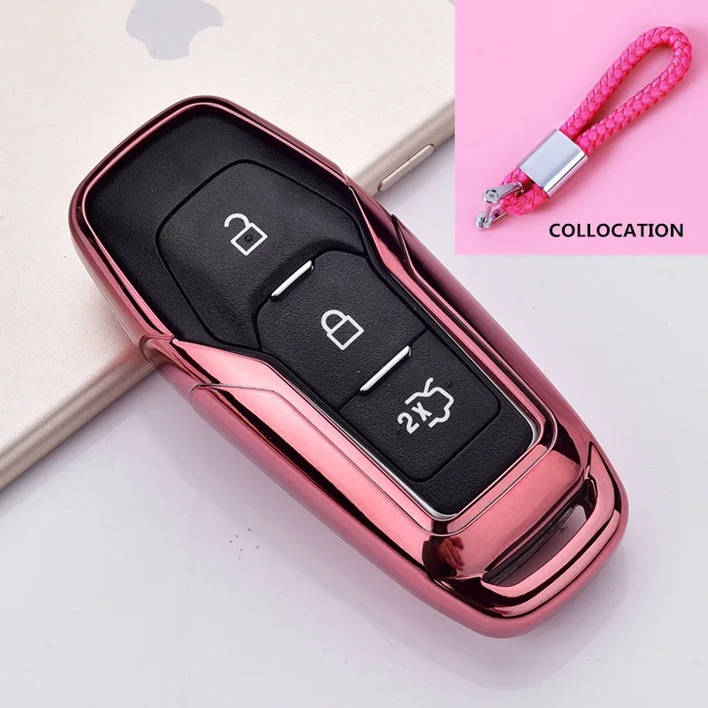 D-Pink keychain Мягкие ТПУ ключ чехол для FORD для FUSION Mondeo Mustang F-150 для Линкольн для EDGE EXPLORER МК 4/5 button - Название цвета: D-Pink keychain