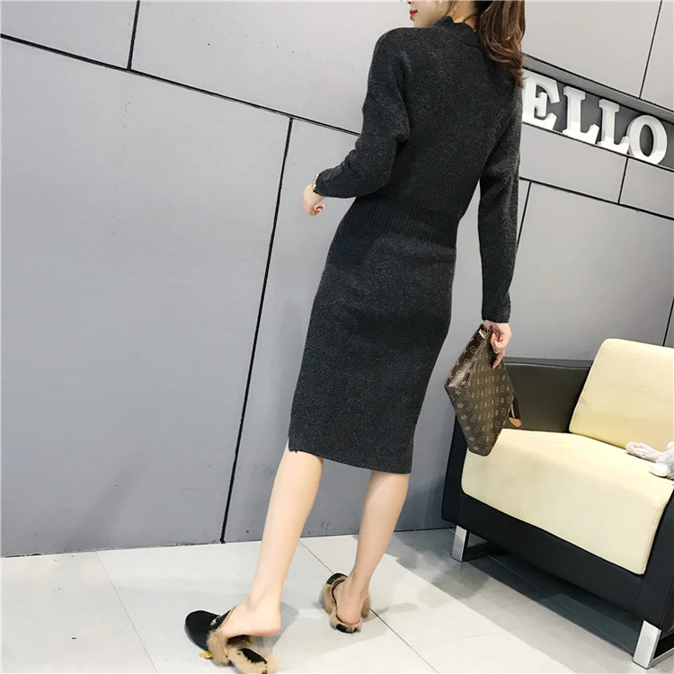 Осенне зимнее женское платье свитер 2020 Новое повседневное однотонное