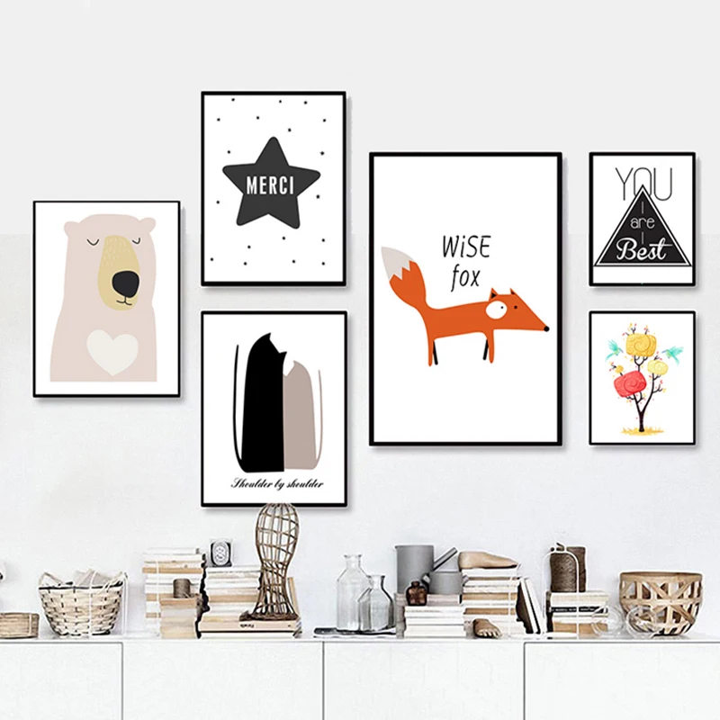 

Sweet Cartoon Canvas Paintings Nursery Wall Art Abstract Fox Cat Bear Animals Poster Print Pop Pictures Room Home Decor No frame