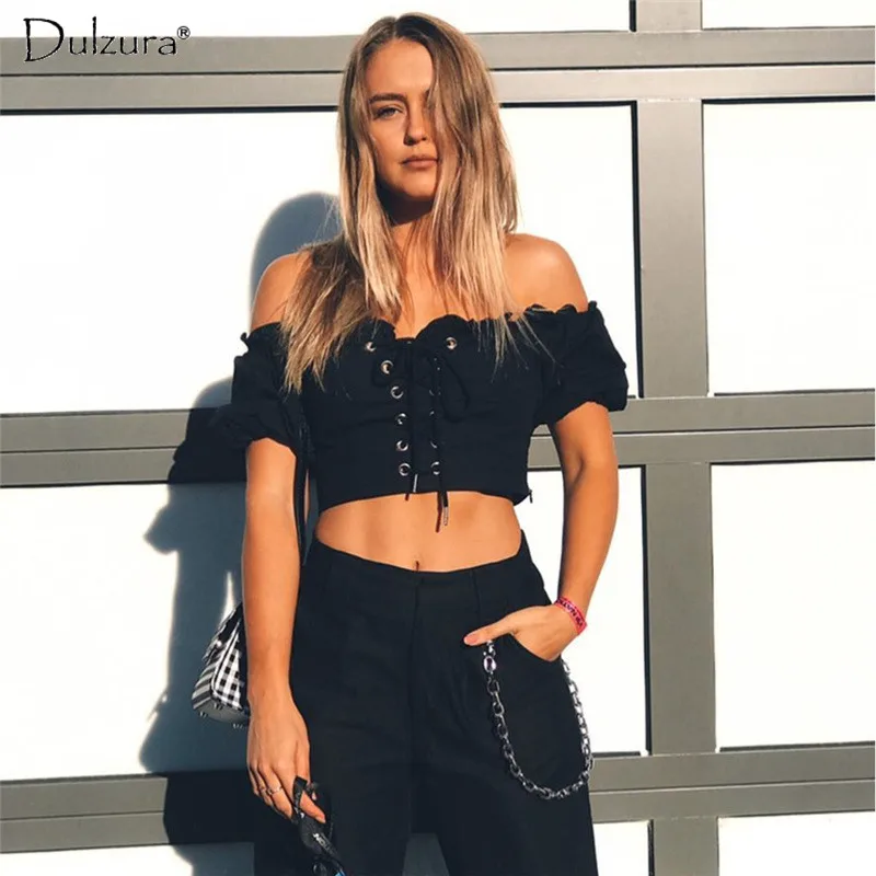 Женская укороченная футболка HAWTHAW на шнуровке с открытыми плечами коротким