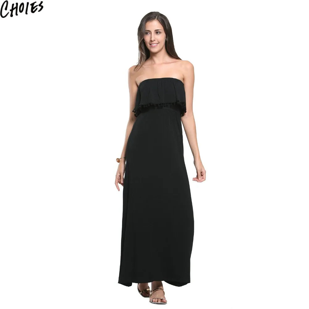 Женское черное сексуальное платье без бретелек с накладными помпонами Пляжное