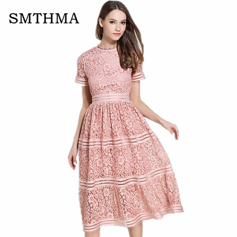 Удлиненное платье с коротким рукавом SMTHMA летнее винтажное из плотного кружева