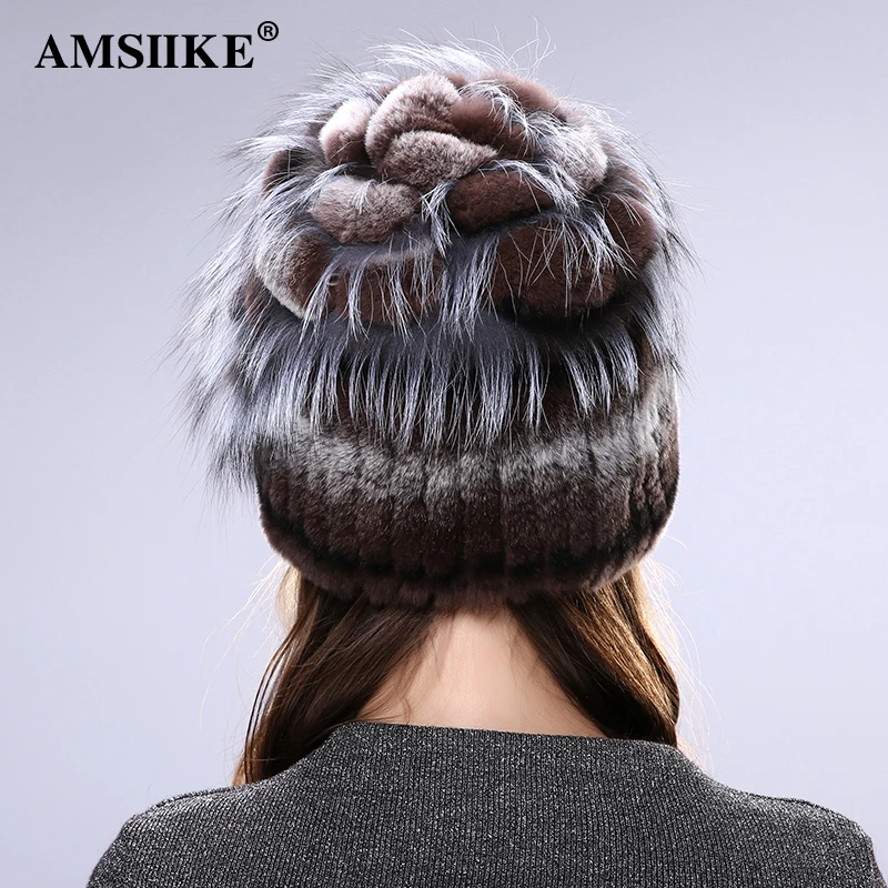 AMSIIKE Меховая шапка из Бобра с Бубоном Чернобурки TM712|winter woman cap|womens fashion capknit beanie hat |