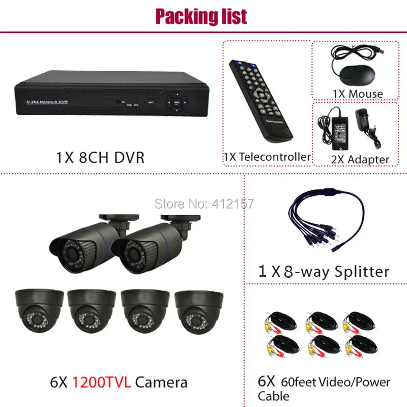 CCTV 8ch HDMI 3 в 1 Hybrid DVR HVR 6 шт. 720 P 1200tvl 1.0mp 6ch безопасности камера Системы ИК дома Цвет