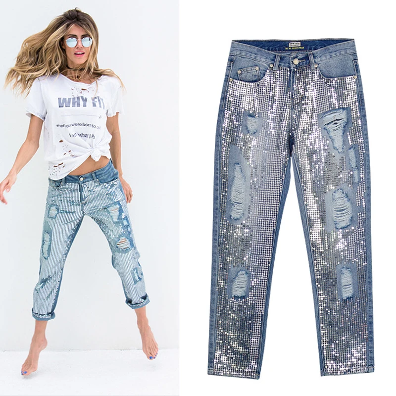 Женщины Witsources свободные модные джинсы с блестками вышивкой рваные повседневные