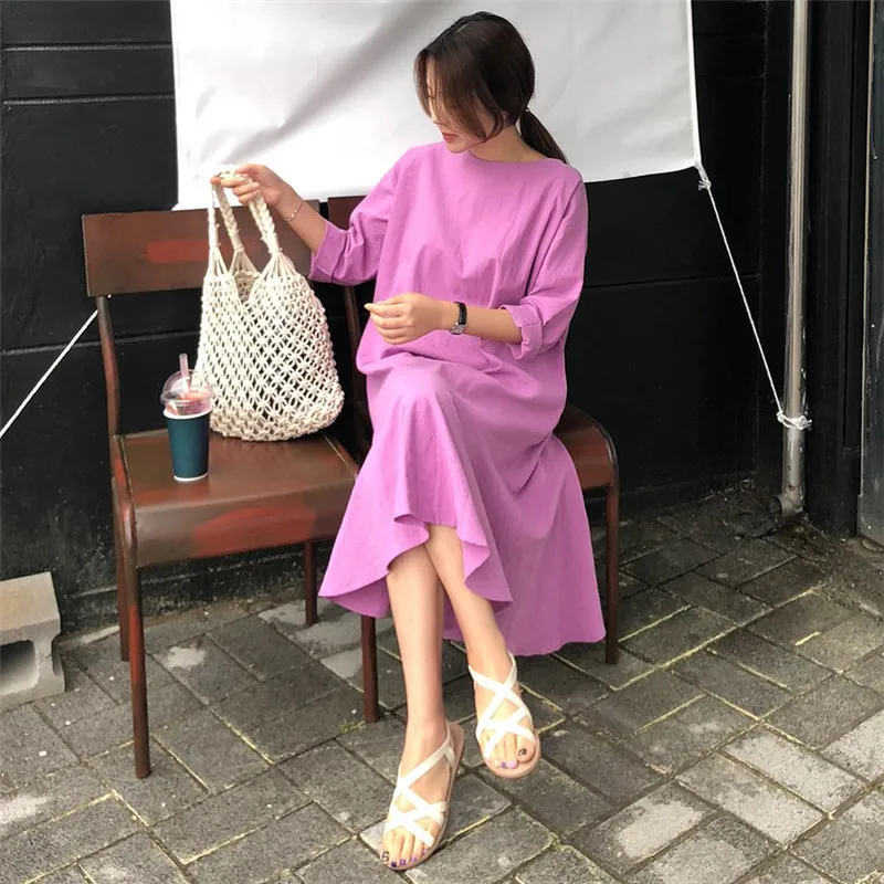 

SuperAen Fashion Women Dress Ruffled Round Neck Cotton and Linen Ladies Dress Summer New 2022 Korean Long Dresses