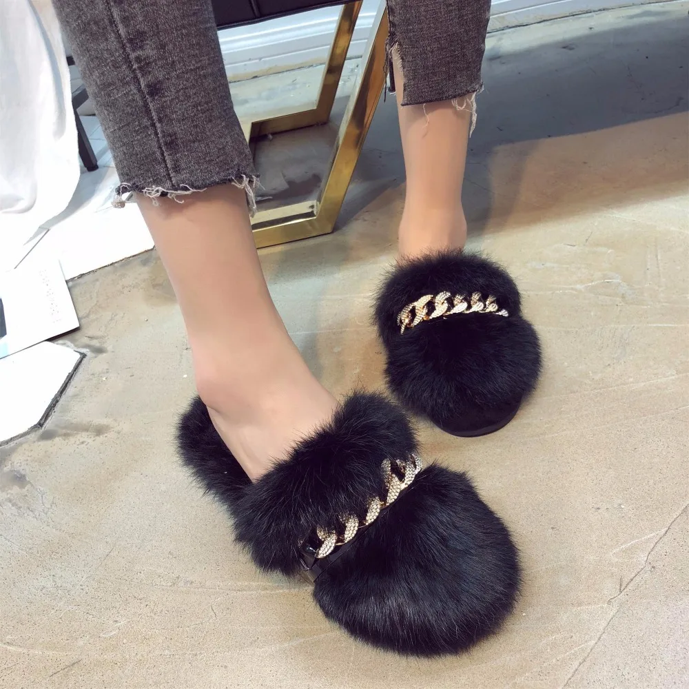 Weweya Plush Fur Home Slippers Women Indoor Shoes Crystal Flip Flops Woman Slides Mule Rhinstone Retro | Обувь