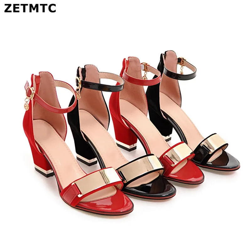 

Big Size 6cm Medium High Thick Block Heels Women Sandals Flock Open Toe Casual Party Ankle Cross Strap Summer Black Ladies Shoes