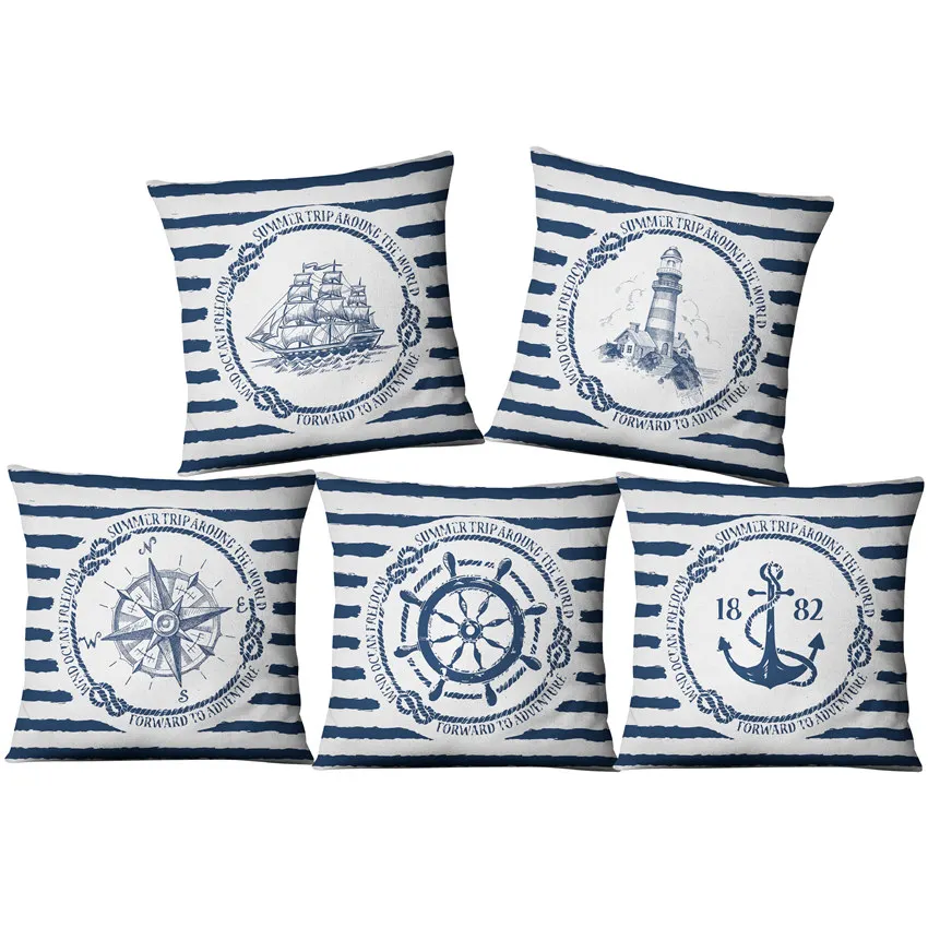 

Navigation Navy Blue Nautical Shell Starfish Linen Pillow Marine Piaochuang Pad Pillowcase