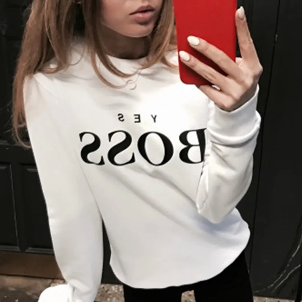 Women Sweatshirt Women Fall Yes Boss Letter Printed Hoodie Sweatshirt Ladies Long Sleeve Pullover Jumper Sudadera Mujer