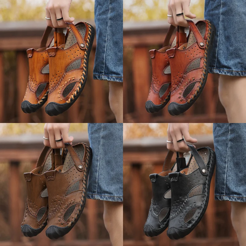 Мужские сандалии из натуральной кожи ручной работы кожаные на плоской подошве в стиле ретро 2019|Тапочки| |