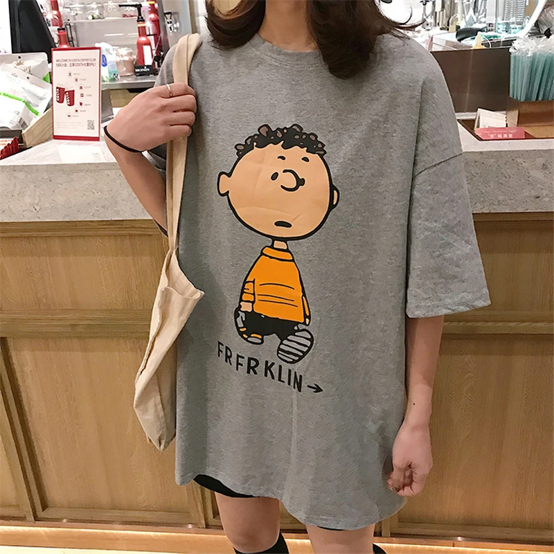 Женская футболка средней длины с принтом новинка 2019 года Корейская свободная