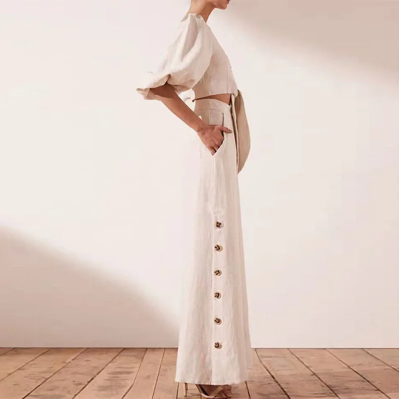 Тан 2019 Весна Boho винтажный костюм короткая рубашка + Высокая талия хлопок широкие
