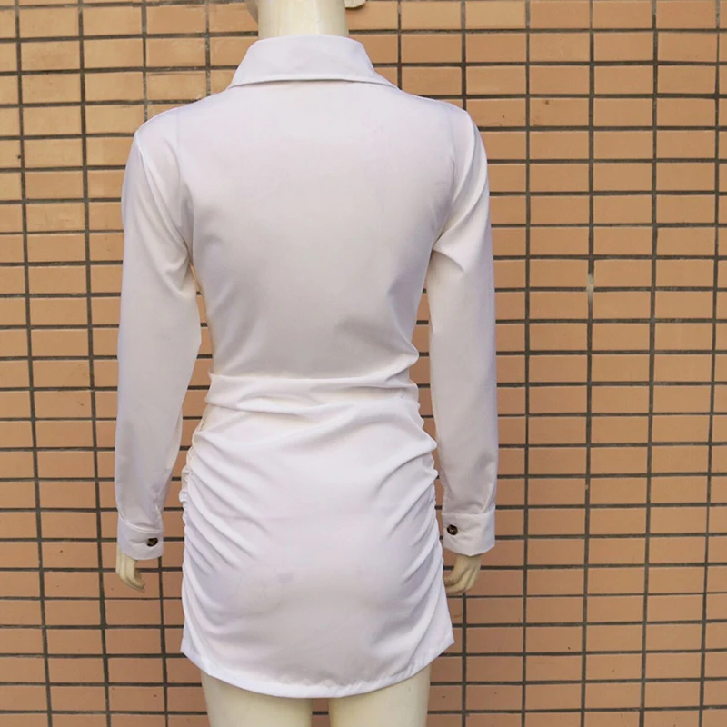 

Single breasted shirt dress Women long sleeve white dress Sexy turn down collar wrap party dress Sexy ruched vestidos mujer