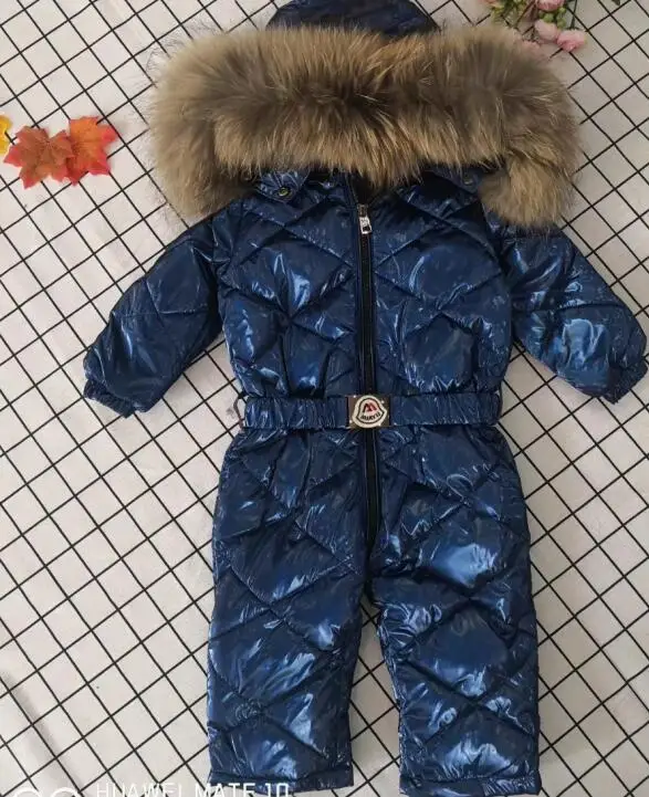 Синий 70cm-150cm Real fur hooded baby outergoing Winter children jumpsuit snow suit girl down boy Baby coveralls ski suit - Цвет: Синий