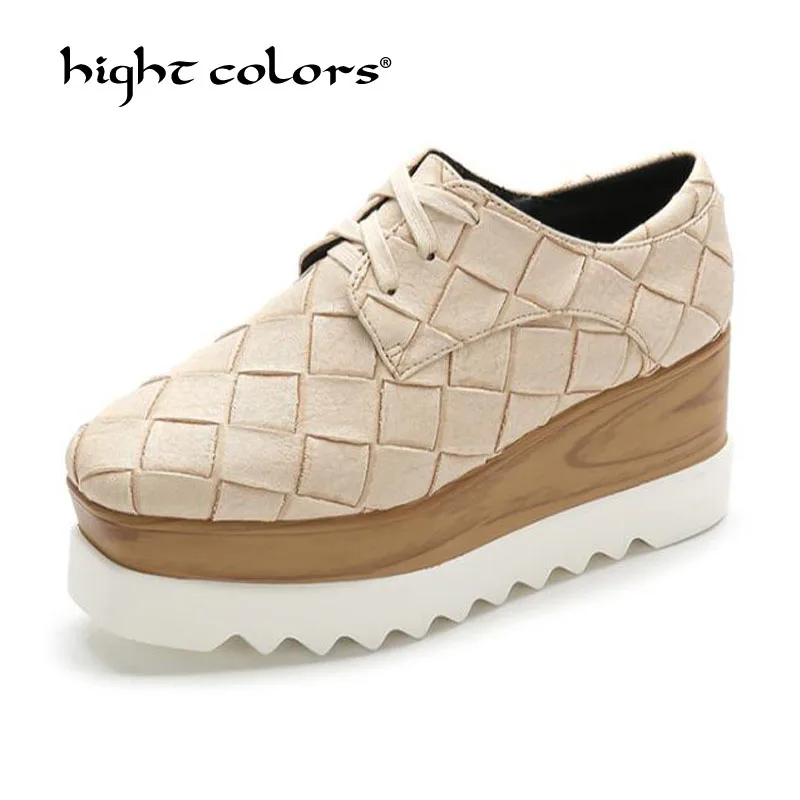

New 2021 Creepers Platform Casual Shoes Woman Lace-Up Pumps Spring Fashion Green Pink Apricot Black Wedges Women Shoes TA88-69