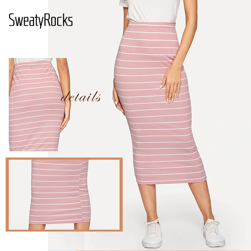 SweatyRocks, высокая талия, ребристая вязка, полосатая облегающая юбка, уличная одежда, женские розовые юбки-карандаш, весна, женские элегантные юбки