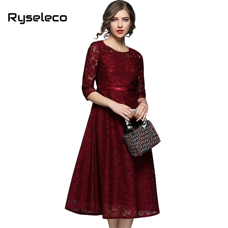 Ryseleco 2018 осеннее модное женское кружевное платье колокол с цветочным рисунком