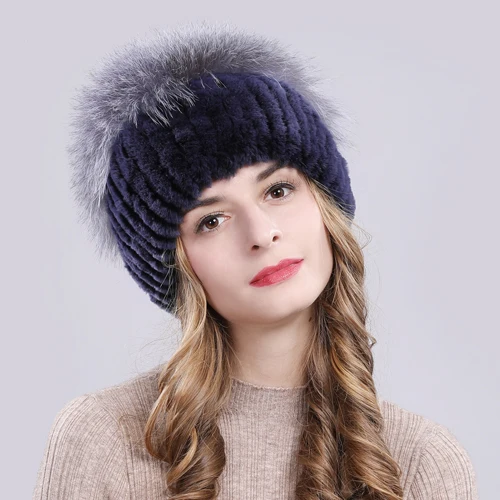 color 12 Outdoor Women Warm Soft Genuine Rex Rabbit Fur Hat Knitted Natural Real Sliver Fox Fur Caps Winter Real Rabbit Fur Beanies Hats - Цвет: color 12
