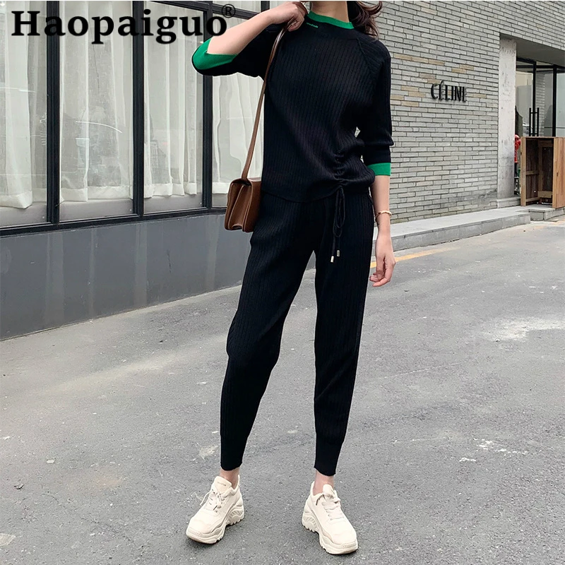 Повседневный вязаный комплект из 2 предметов в европейском стиле блузка с