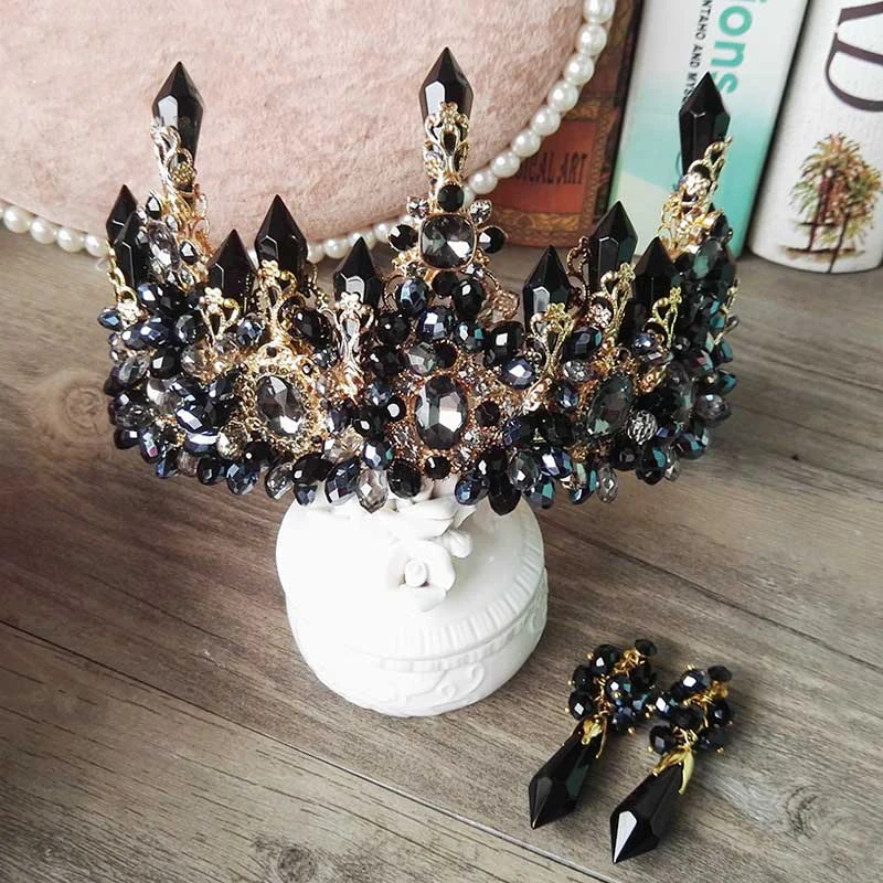

Himstory Black/Blue Baroque Royal Large Crystal Tiara Crown Retro Handmade Rhinestone Headpiece Hairbands Queen Wedding Jewelry