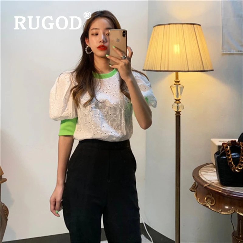 RUGOD/Винтажные женские футболки с оборками в Корейском стиле кружевные открытые