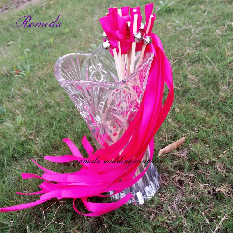 

Hot selling 50pcs/lot fushia stain ribbon wedding wands stick Streamers With big sliver Bells for wedding