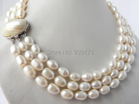 

Free Shipping>>>>3Strands 18'' 9.5mm White Rice Freshwater Pearl Necklace
