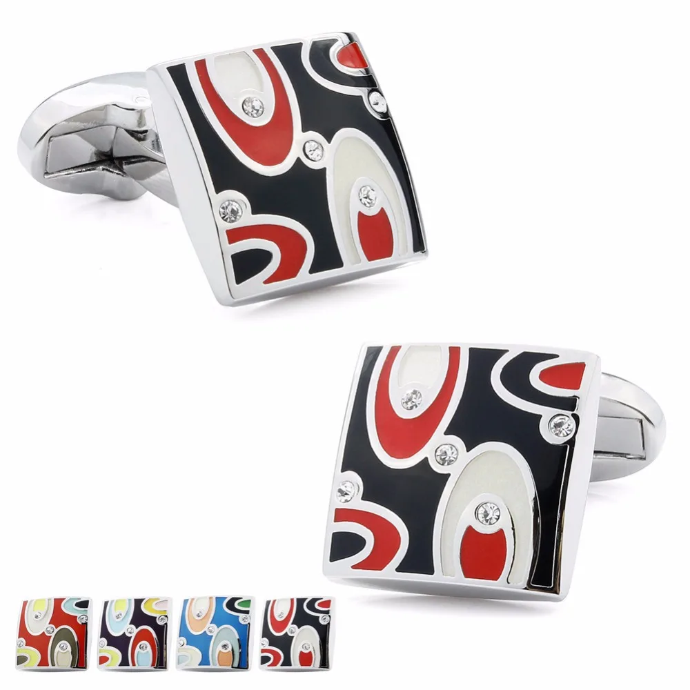 Мужские запонки с кристаллами HAWSON квадратные черные и красные эмалью рисунком