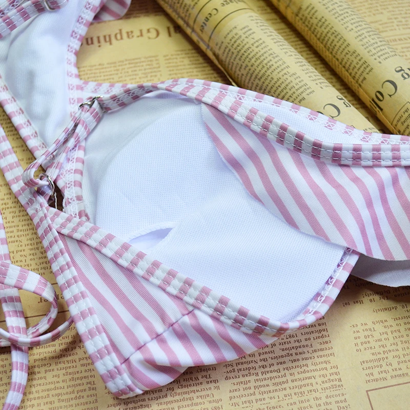 Женский комплект бикини в полоску сексуальный купальник с пуш ап и треугольным