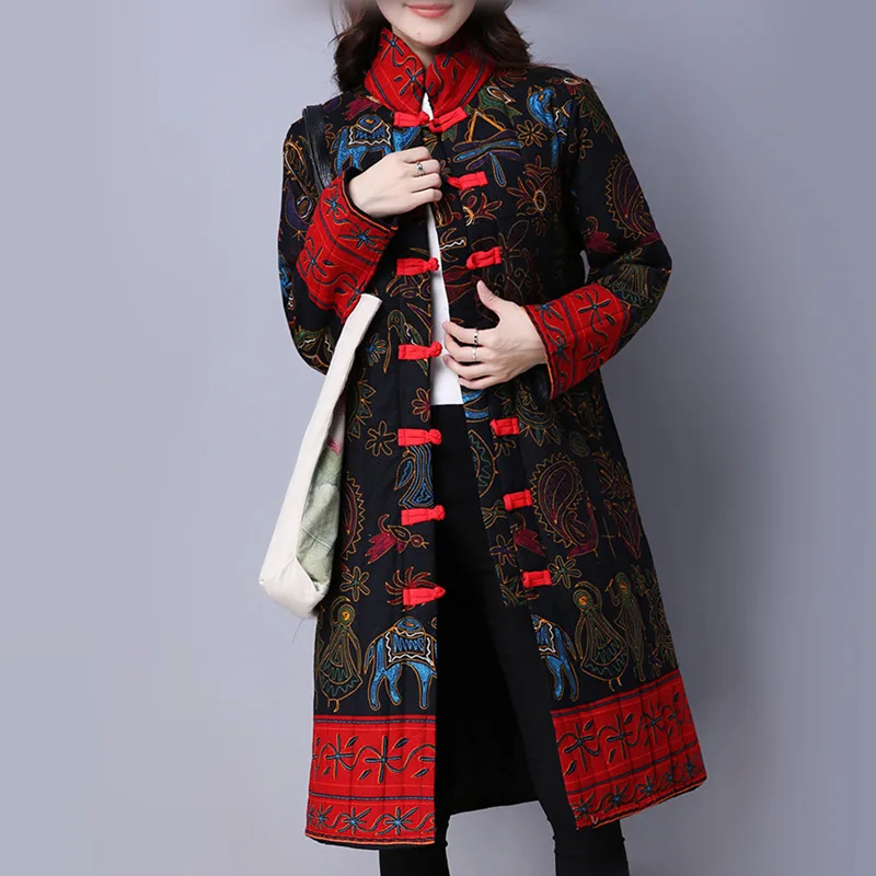 Winter Jacket Women Thick warm Long Parka Mujer Cotton Padded coat vintage Button Print Overcoat plus size Women Tops