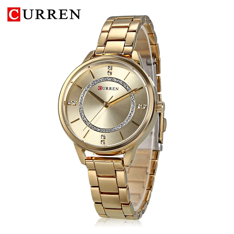 CURREN, горячая распродажа, часы для женщин, брендовые, модные, женские, нарядные часы, женские, нержавеющая сталь, кварцевые, водонепроницаемые часы, Montre Femme - Цвет: Gold