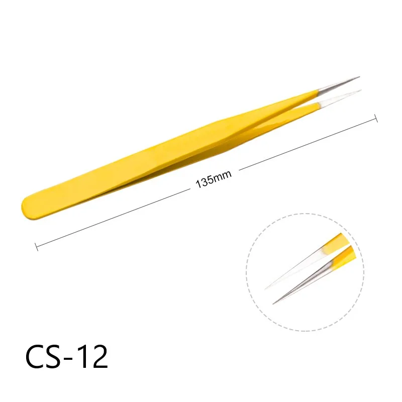 CS12 Антистатические нержавеющая сталь пинцет для наращивания ресниц бровей точность изогнутые прямые Пинцет щипцы для технического обслуживания Repair Tool - Цвет: CS12