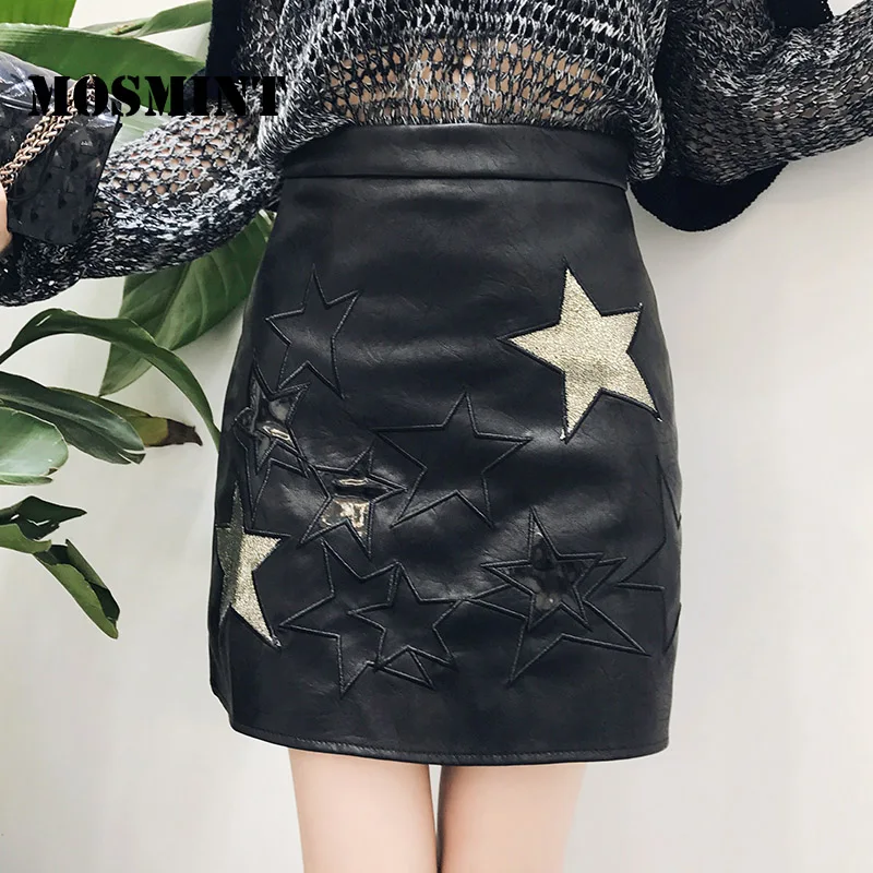 MOSMINT Shiny Stars Embroidery PU Leather Skirt Women 2017 Autumn Retro Vintage High Waist A-line Short Mini with Lining |