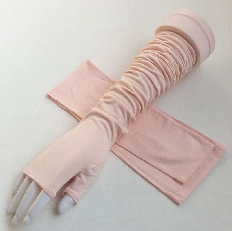 Pink Женские летние длинные хлопковые модальные солнцезащитные перчатки, хлопковые перчатки на половину пальцев, защита от солнца, защита рук, анти-УФ перчатки для вождения - Цвет: Pink