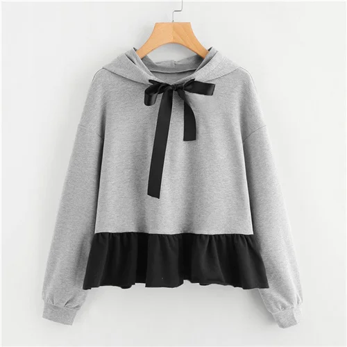Серый Dotfashion/женская трикотажная толстовка с серым узлом и оборками на подоле; коллекция года; сезон осень; Повседневная Толстовка с капюшоном и длинным рукавом; элегантный дизайн; милый свитер; пуловер - Цвет: Серый