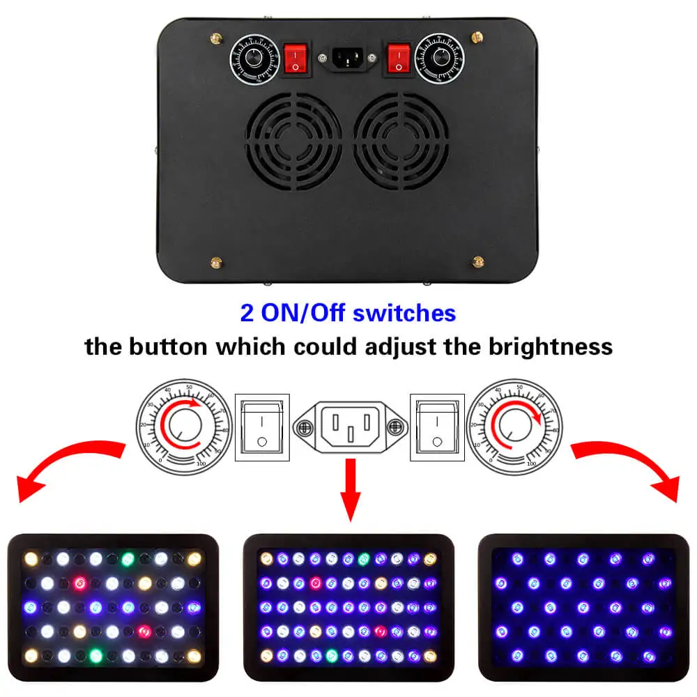 Аквариумная LED-лампа 165W Full Spectrum с регулируемой яркостью и кристаллической линзой для роста рыб и коралловых рифов.