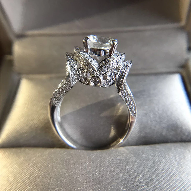 Wedding Ring Jewelry For Women DF 1CT Au750 Color Round Brilliant Cut Moissanite Halo Lab Diamond Solid 18K White Gold | Украшения и