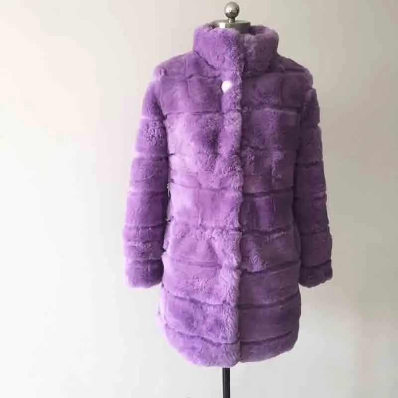 Purple Фабричный выпуск, цельный мех, натуральный кроличий мех, длинное пальто, стандартный воротник с украшением, блестящий, на заказ, большой размер, WSR202 - Цвет: Purple