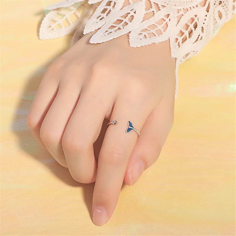 

2019 fish tail mermaid sea blue CZ Tibetan sliver open ring for women love wholesale wedding jewelry promise GMNR213